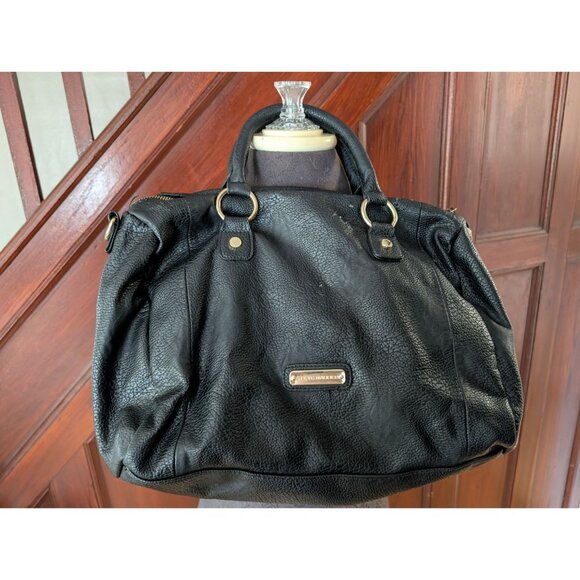 Steve Madden Black Textured Leather Satchel With Gold Hardware & Chevron Lining - Picture 1 of 11